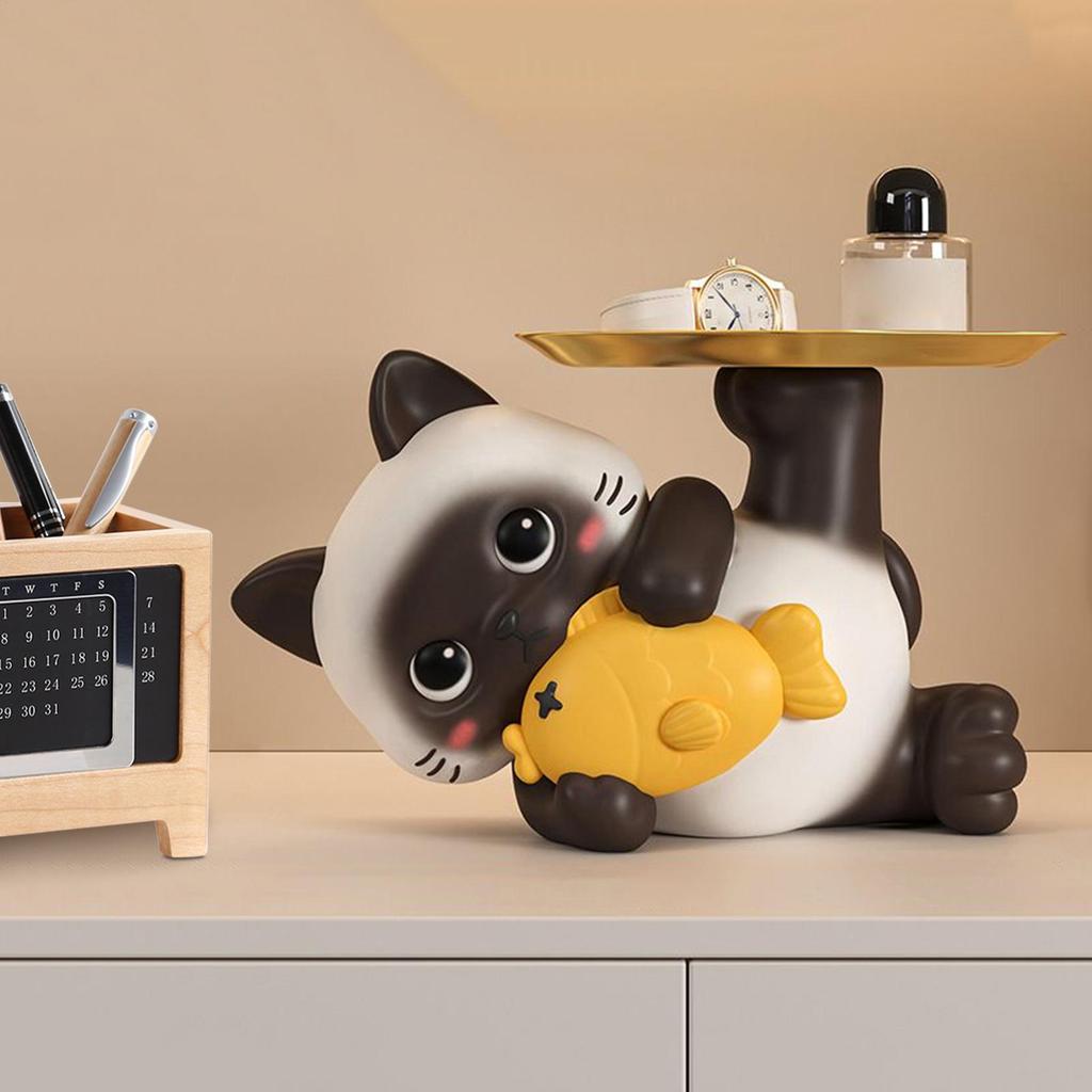 Cat Candy Dish Cat Figurine with Storage Tray Resin Key Holder Bowl for Candy Entryway Table Home Living Room Bedroom Cabinet