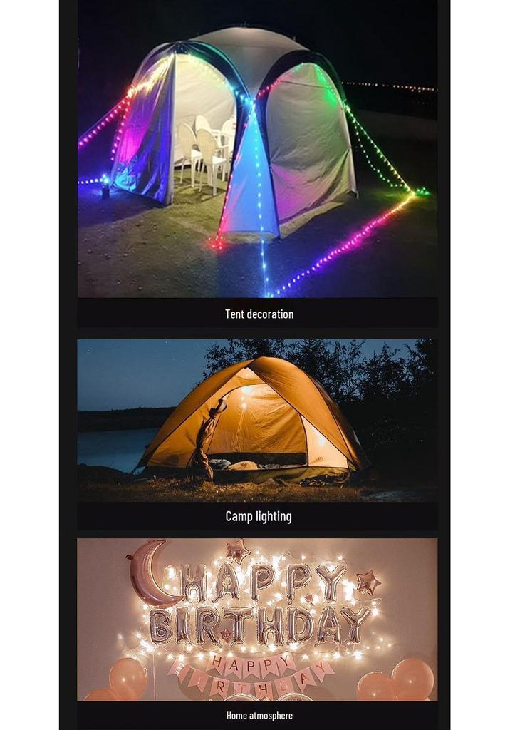 Retractable Solar String Lights for Outdoor Camping, Canopy Ambiance, Long Battery Life, Includes Measuring Tape
