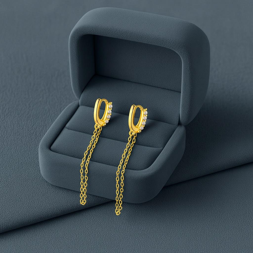 Boucles d'oreilles créoles pendantes doubles avec chaîne de perles - Argent sterling plaqué or jaune