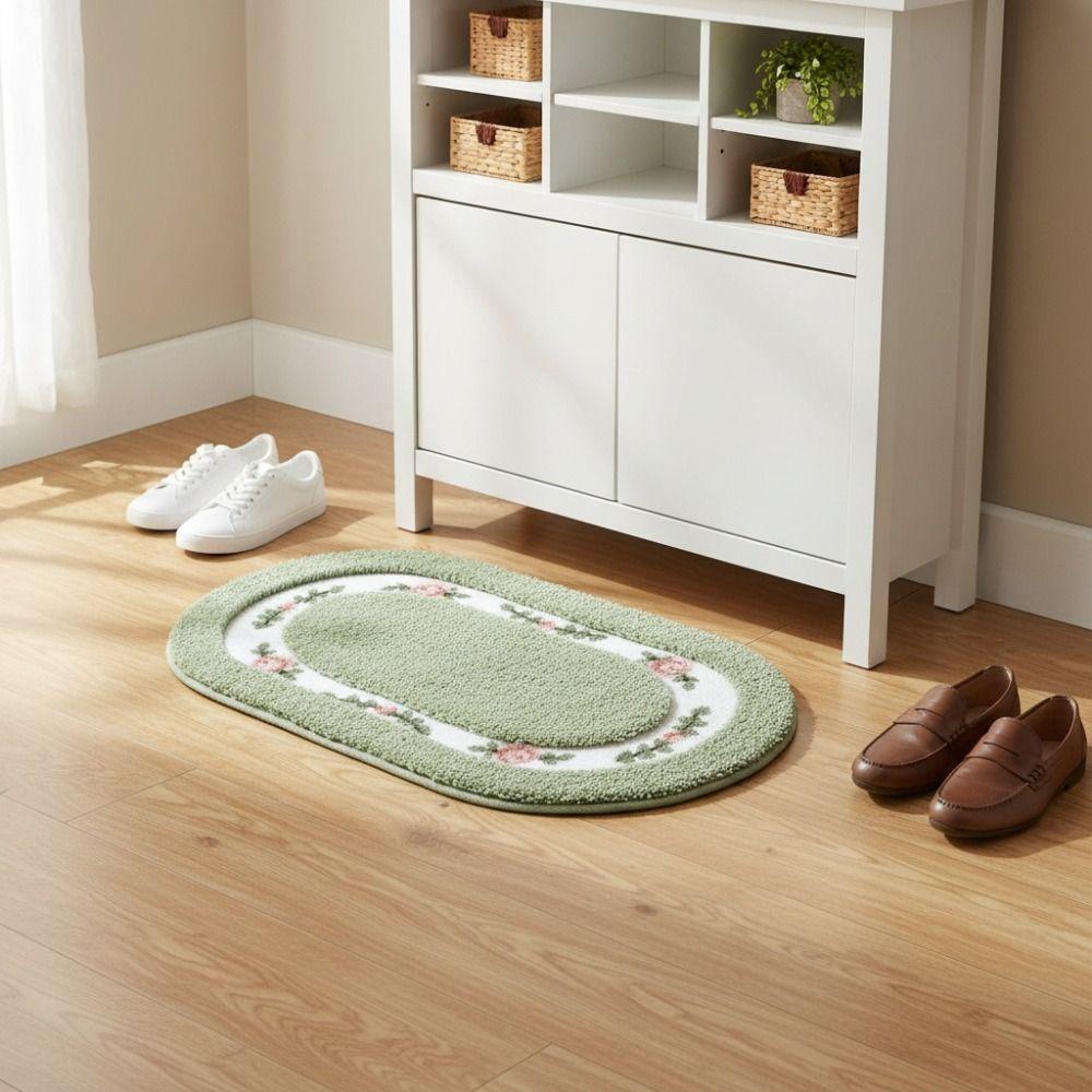 Household Fluffy Rose Pattern Door Mat Absorbent Pastoral Style Oval Floor Rug Thickened Nonslip Bath Mat Home Decoration