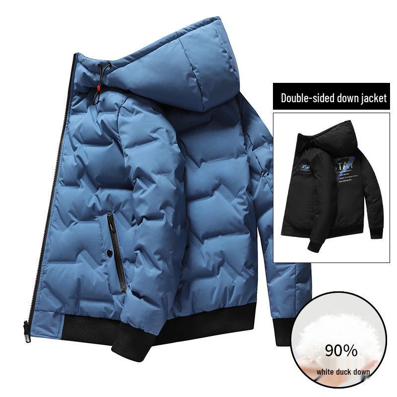 Men's Reversible White Duck Down Puffer Jacket: Short, Hooded, Solid Color, Warm, Windproof for Autumn and Winter