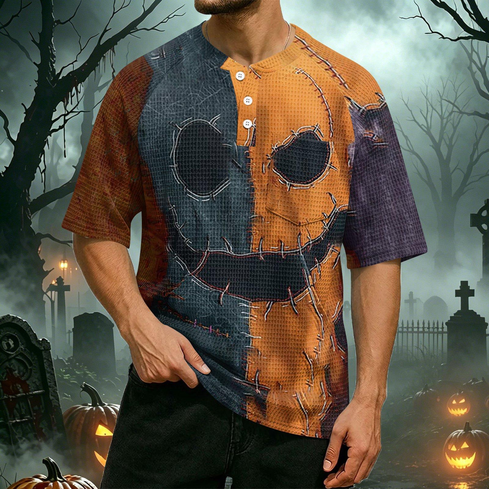 Men s Casual Waffle Knit Raglan Sleeve Short Sleeve Top with Halloween Theme Printed Patchwork Design Henley Neck Shirt L коричневый