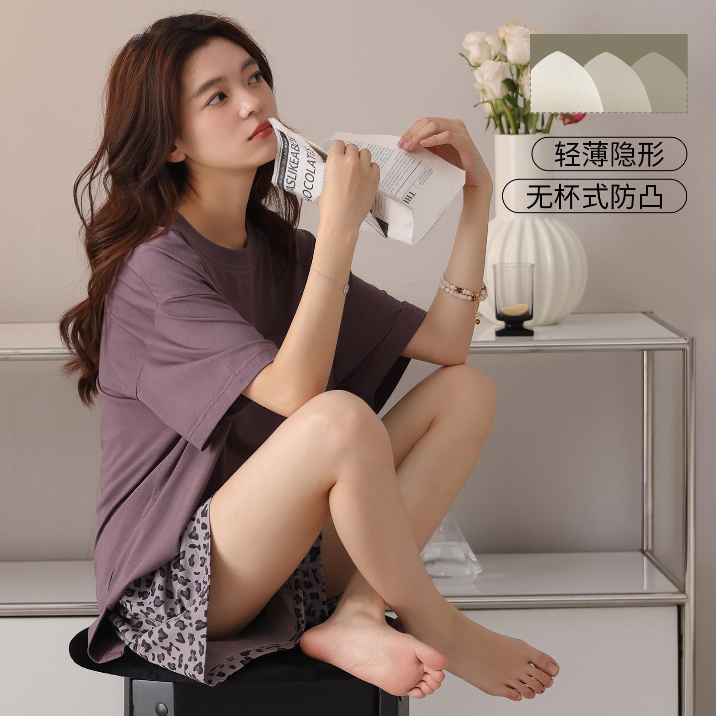 

Pajamas with chest pads Women s pure cotton summer short-sleeved shorts Thin cotton can be worn outside Loose women s loungewear set xxl recommended 70-80kg