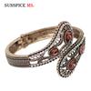 SUNSPICE-MS Champagne Crystal Women Vintage Cuff Bracelet Turkish Retro Gold Color Metal Spring Bracelet Ethnic Wedding Jewelry