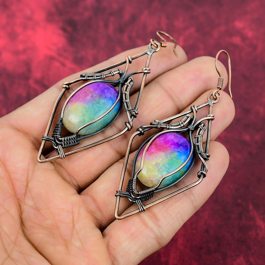 Rainbow Solar Quartz Druzy Earring Copper Wire Wrapped Gemstone Earring Antique Jewelry Handmade Earrings Copper Wire Jewelry Gifts For Her