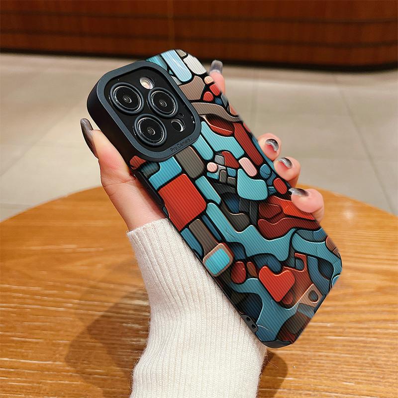 Vertical Grain Leather Shell 3D Colorful Printed Patterned Shockproof Soft Silicone Case with Camera Lens Full Protection for iPhone