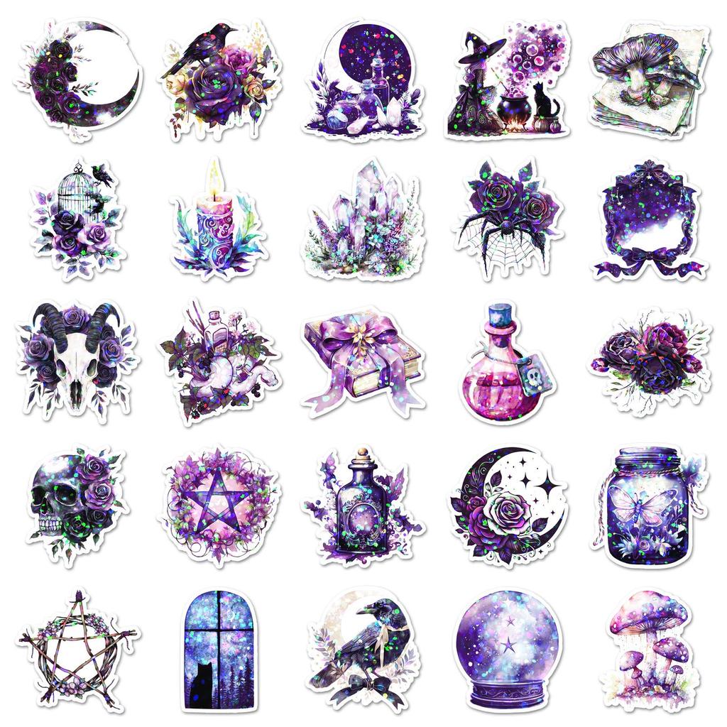 50 Holographic Witch Stickers: Waterproof Halloween Magic Film Sheets