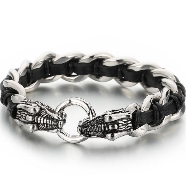 Pulsera Punk de Cuero Trenzado Lobo para Hombre Pulseras con Encanto de Mano para Hombre con Forma de Cabezas de Cráneo de Dragón Joyería de Acero Inoxidable de Lujo Gótico