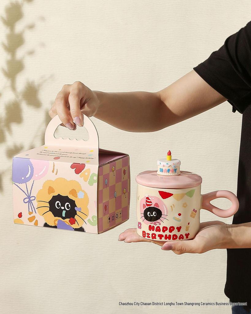 Birthday Cat Ceramic Mug - Cute Cake Design Coffee Cup Souvenir Gift