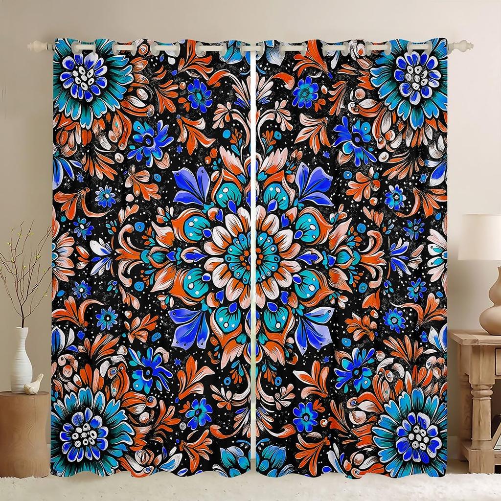Room Darkening Mandala Curtain Vintage Tribal Exotic Floral Window Curtains Drapes Southwestern Colorful Retro Flower Bohemian Polyester Washable