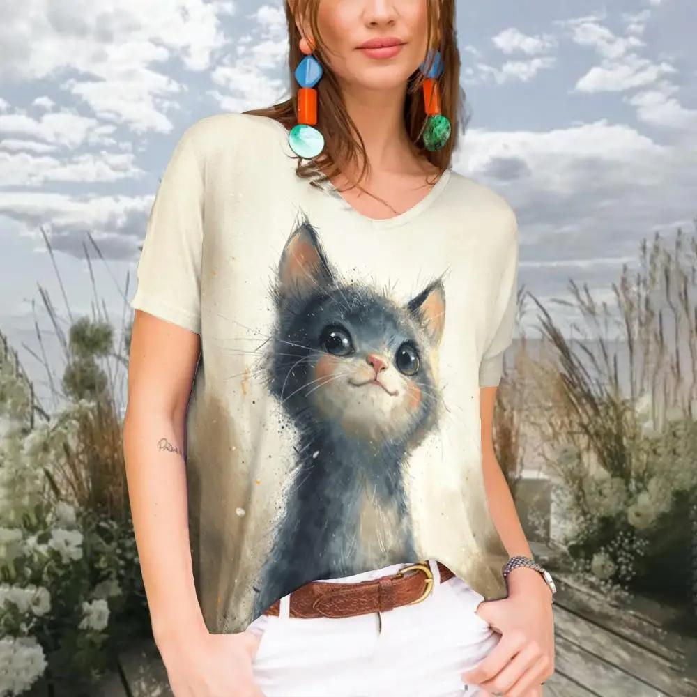 Summer Women Fashion V-Neck T-shirt Casual Cartoon Cat Tops Tees Female Colorful Short Sleeve Clothing Ladies Vintage Streetwear