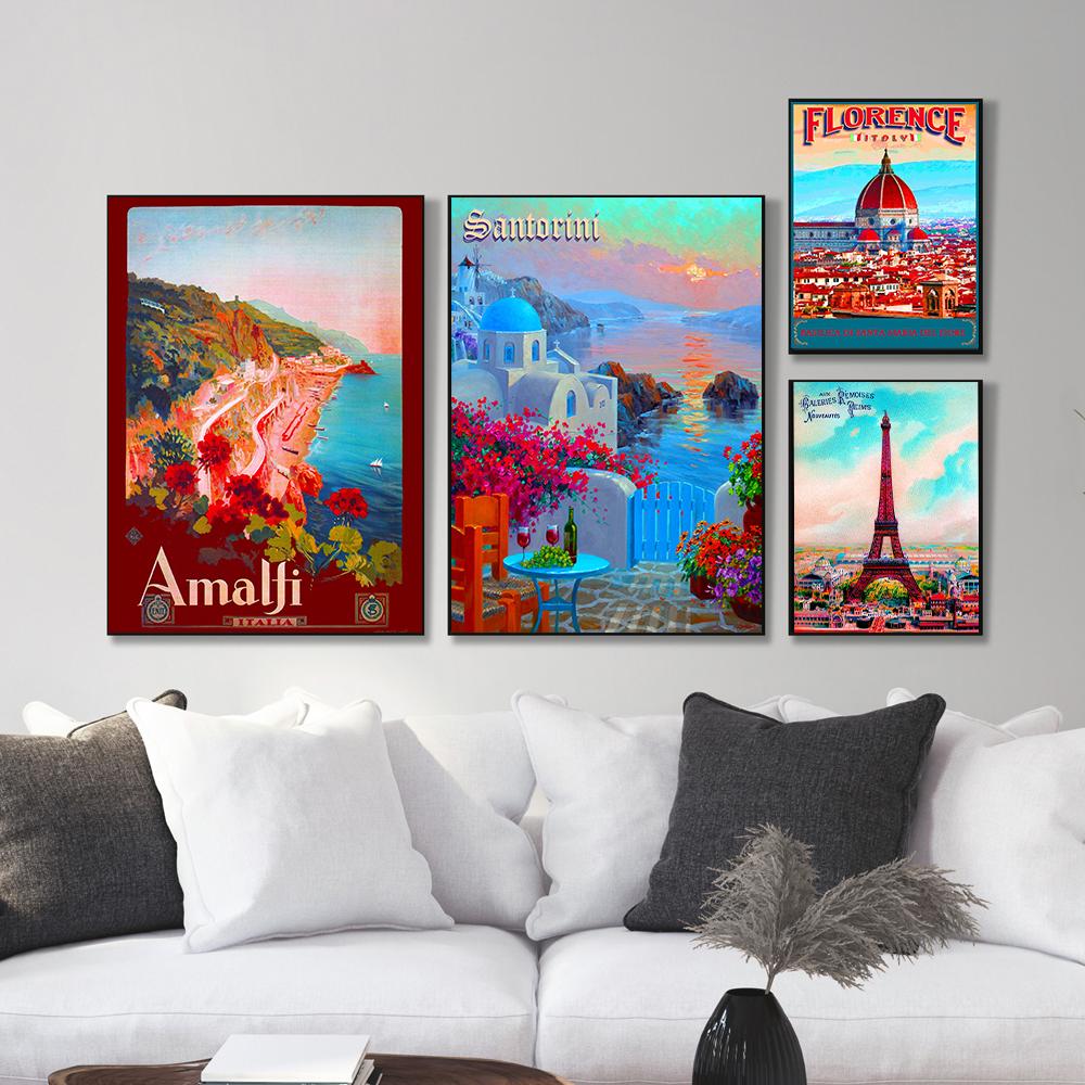 Landscape Poster Printing In Italy, France, Florence, Florida, Paris, Peru, Greece, Vintage Tourist City Advertising Art