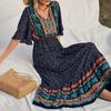 Summer Vacation Bohemian Dress Ethnic Style Patchwork A Line Maxi Dress Elastic Waist V Neck Short Sleeves Women Beach Dress Printing