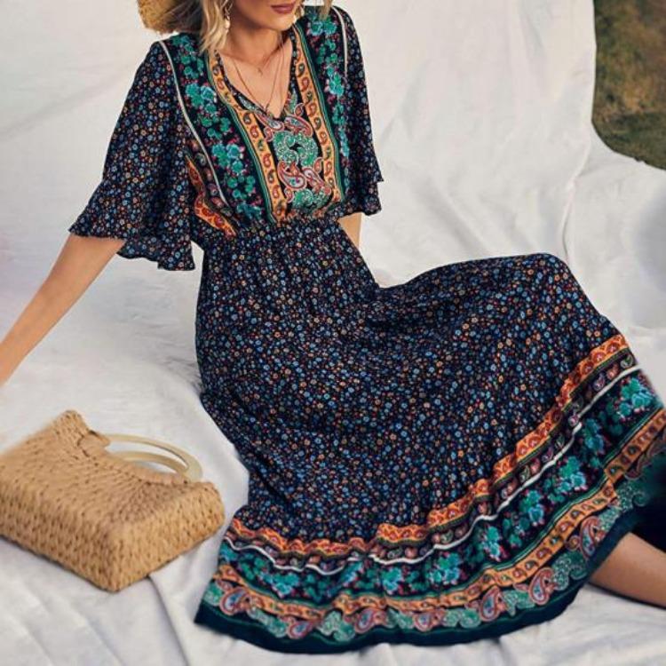 Summer Vacation Bohemian Dress Ethnic Style Patchwork A Line Maxi Dress Elastic Waist V Neck Short Sleeves Women Beach Dress Printing