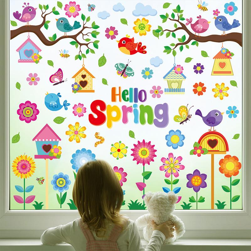 Cartoon Cute Spring Flowers Indoor Bedroom Living Room Background Wall Decoration PVC Electrostatic Stickers Window Glass Stickers