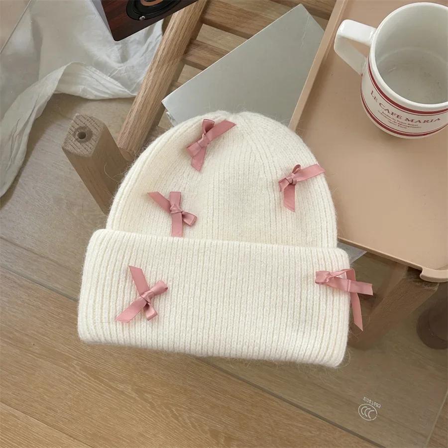 Ins New Sweet Bow Knitted Women's Hats Autumn and Winter Korean Version Fashion Warm Thickened Pullover Cute Beanies Caps