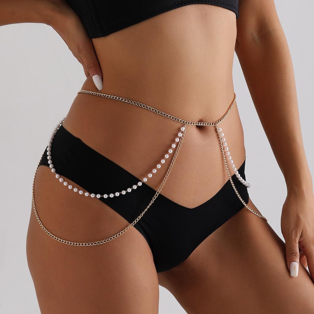 New metal aluminum chain imitation pearl beaded waist chain beach leisure body chain