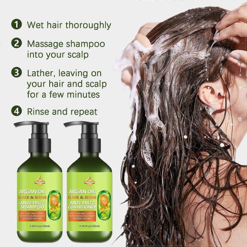 Argan Oil Sleek & Shine Shampoo, Conditioner + Leave-In Conditioner Set for Frizzy, Dry Hair, Plant Keratin + Argan Oil for All Hair Types