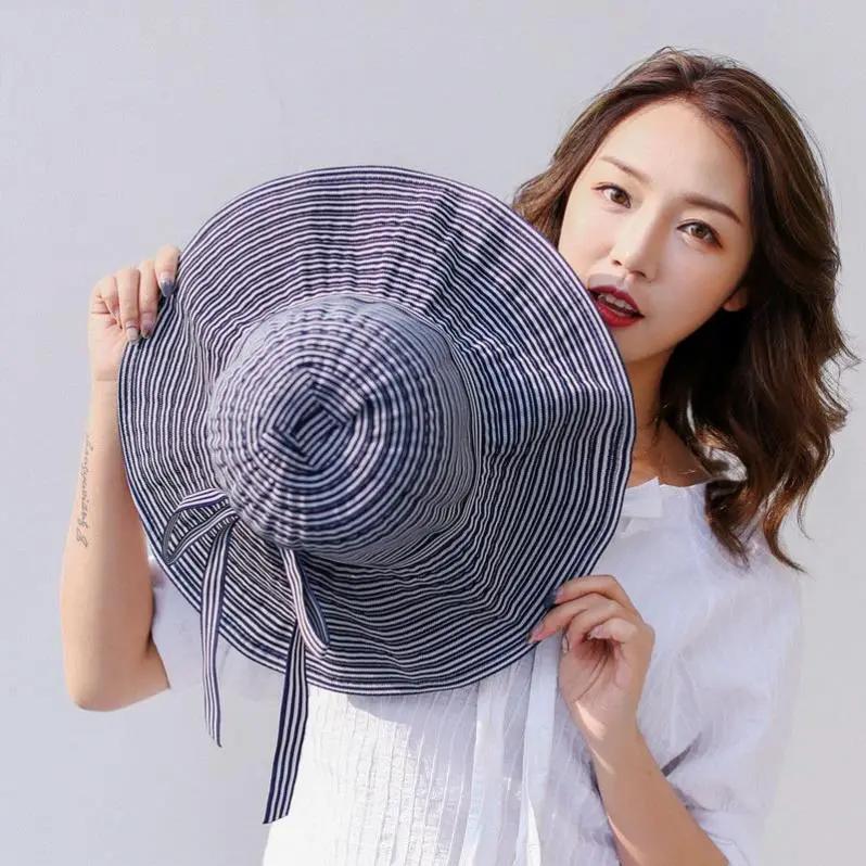 WTEMPO Summer Striped Colth Wide Brim Outdoor Sunscreen Hats Women's Solid Color Casual Versatile Large Bow Sun Hats