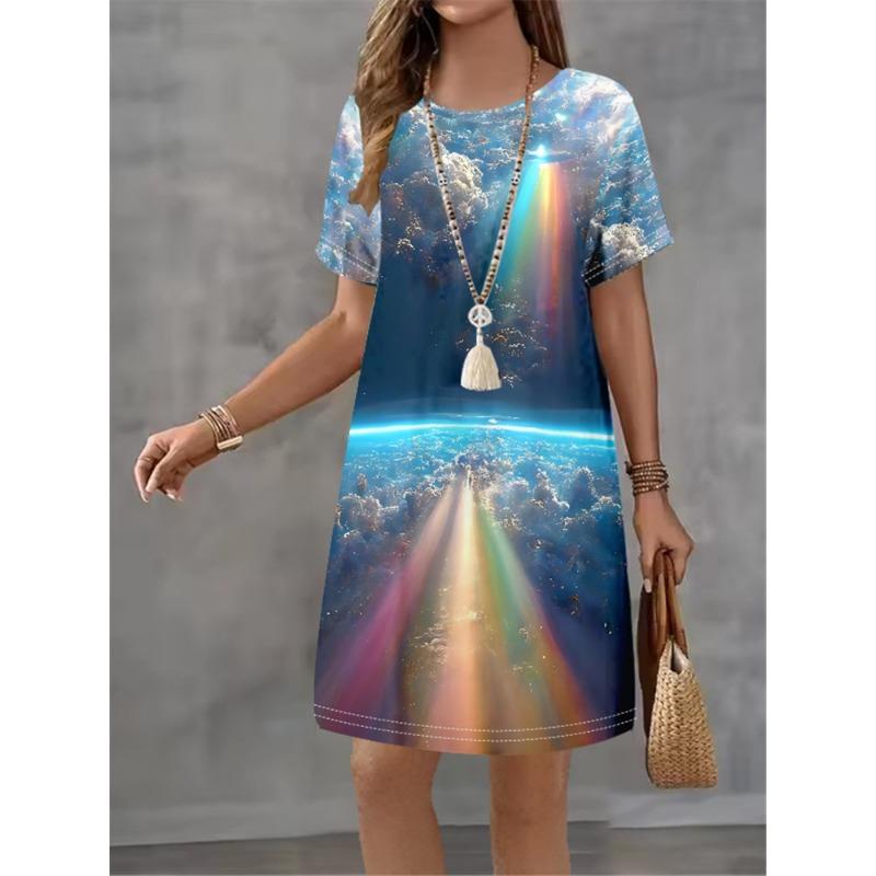 Women Dress Print Design Sense Pattern 2025 New Summer Elegant Women A-Line Dress Casual Short Sleeve Street Style Mini Dress