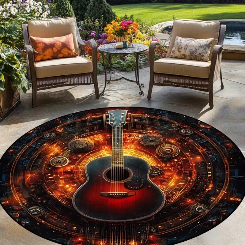 Vintage Vinyl Record Music Lover Print Round Area Rug Colorful Retro Music Instrument Themed Non-Slip Floor Carpet