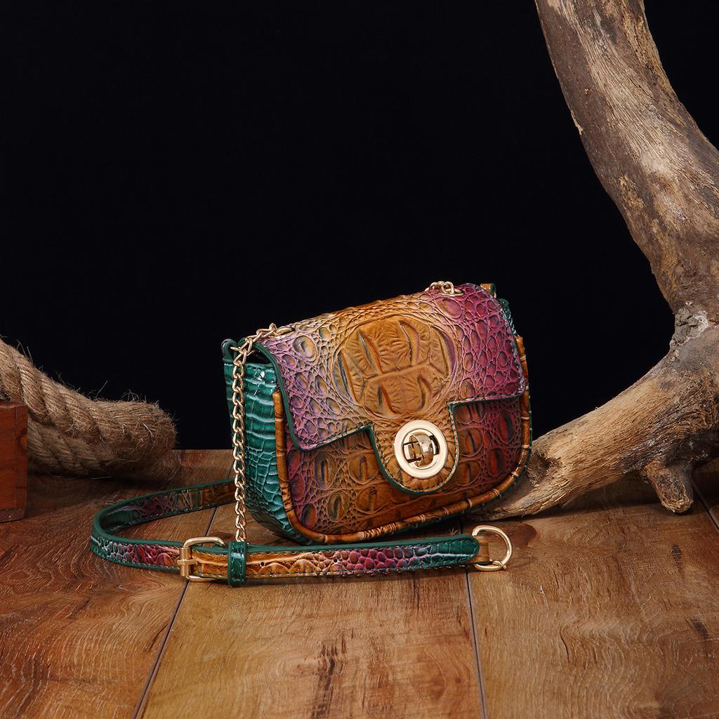 Independent Stand Crossbody Single Shoulder Retro Women's Bag with Multi-color Crocodile Pattern Brahmin
