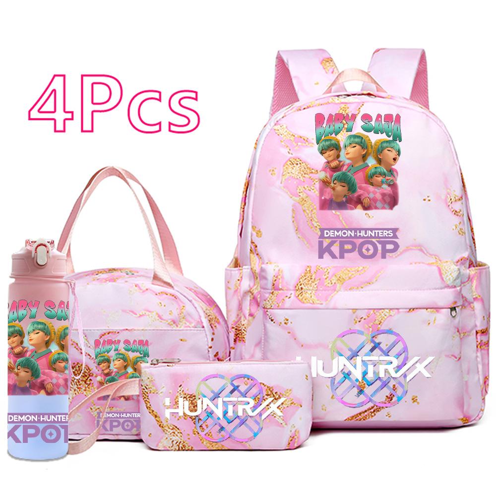4Pcs/set Cartoon K-Pop Printed Backpack Handbag Pencil Case with 750Ml Water Bottler for Teenager Boy Girl Schoolbag Large Capacity Bookbag Mochila