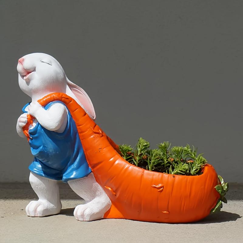 Whimsical Rabbit Carrying Carrot Resin Statue Versatile Indoor/Outdoor Decorative Planter, Perfect for Home,Garden, Ideal Gift for Holidays