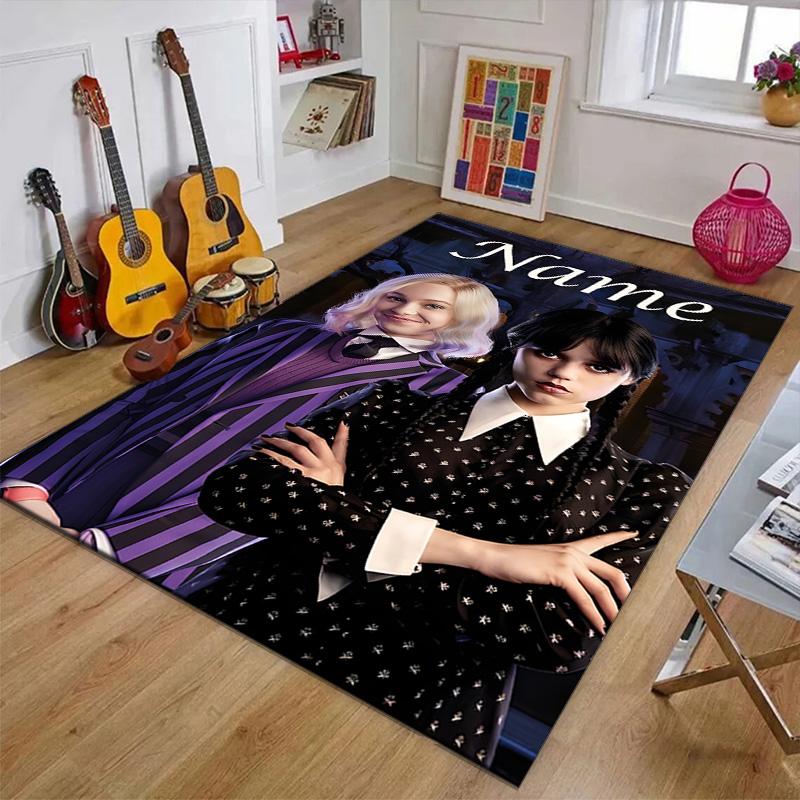Custom Addams Family Wednesday Mat Personalized Name, Polyester Washable Indoor Entryway Rug, Gift for Christmas, Easter, Thanksgiving Day