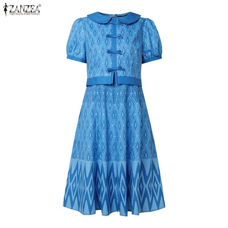 ZANZEA Women Summer Casual Short Sleeve Retro Print Dress
