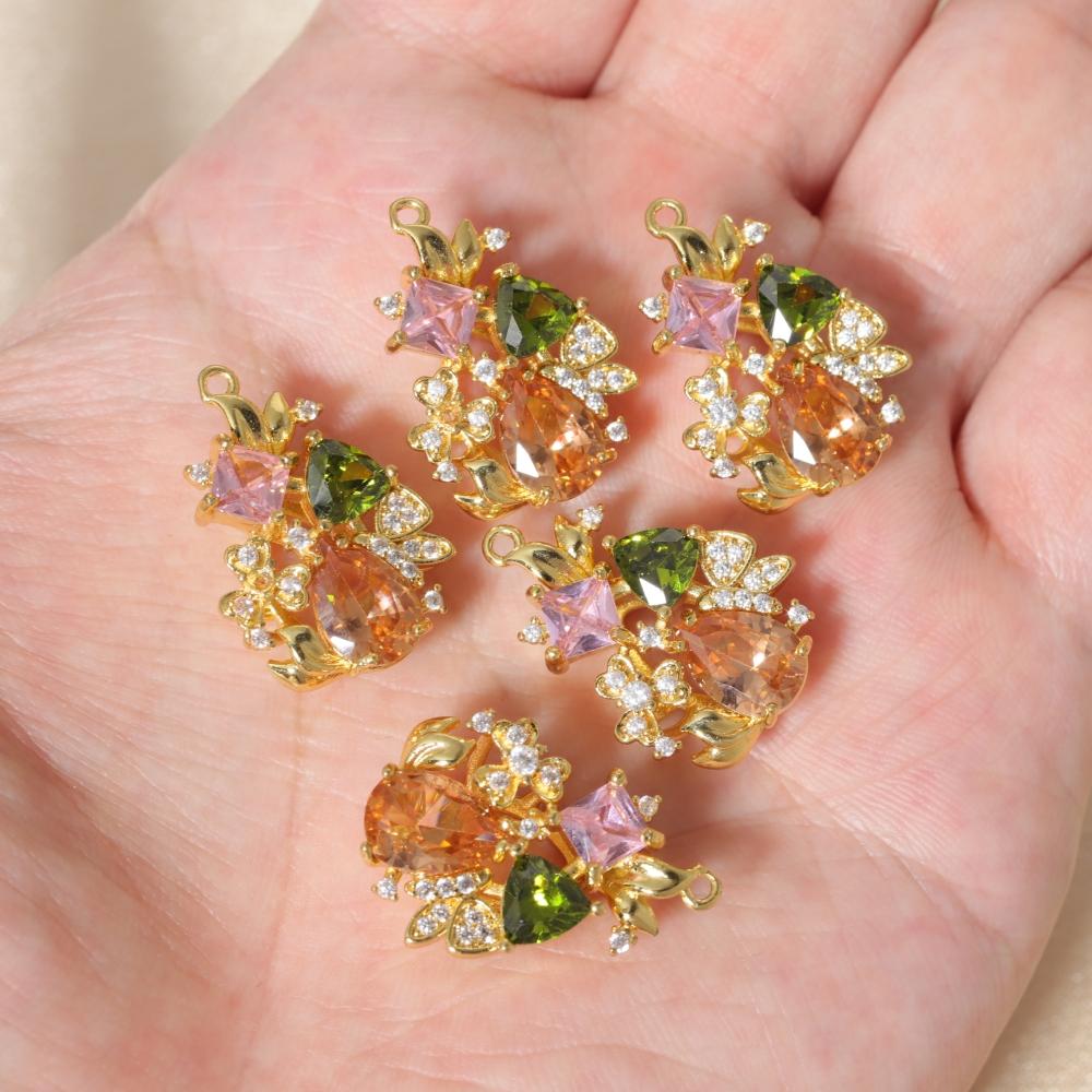 Multicolor Zirconia Floral Leaf Copper Charms, Golden Plated DIY Pendants for Earring Necklace Craft Making