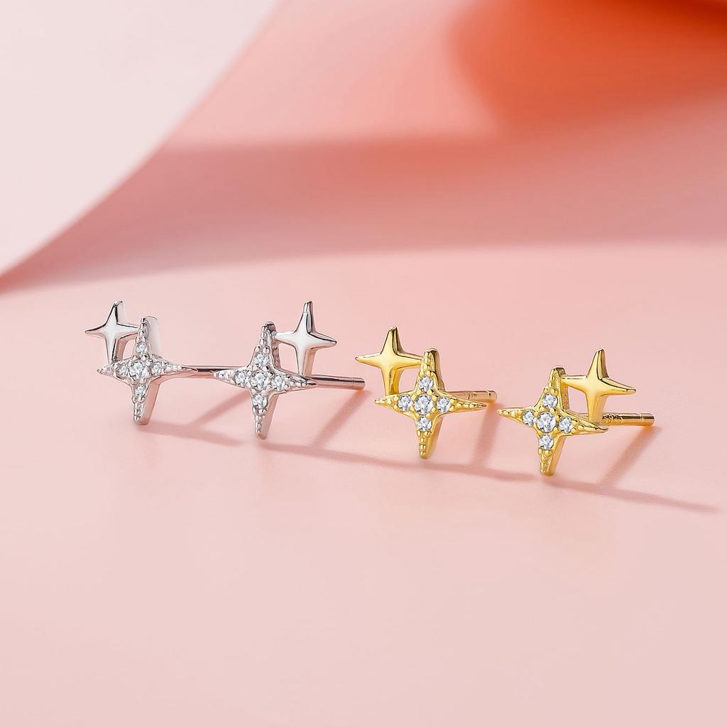 Cercei cu șurub stea tetragonală din argint sterling 925, cercei mici de lux ușor, cercei stea ins de nișă, cercei stea rafinate strălucitoare