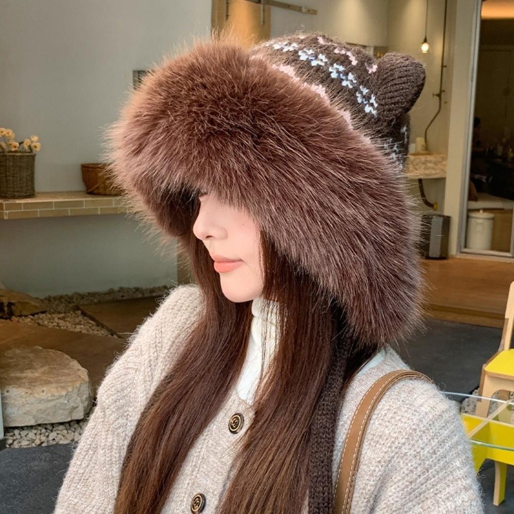 Polyester Cat Ears Hat Ear Flaps Winter Warm Hat Retro Faux Fur Hat  Cold Weather