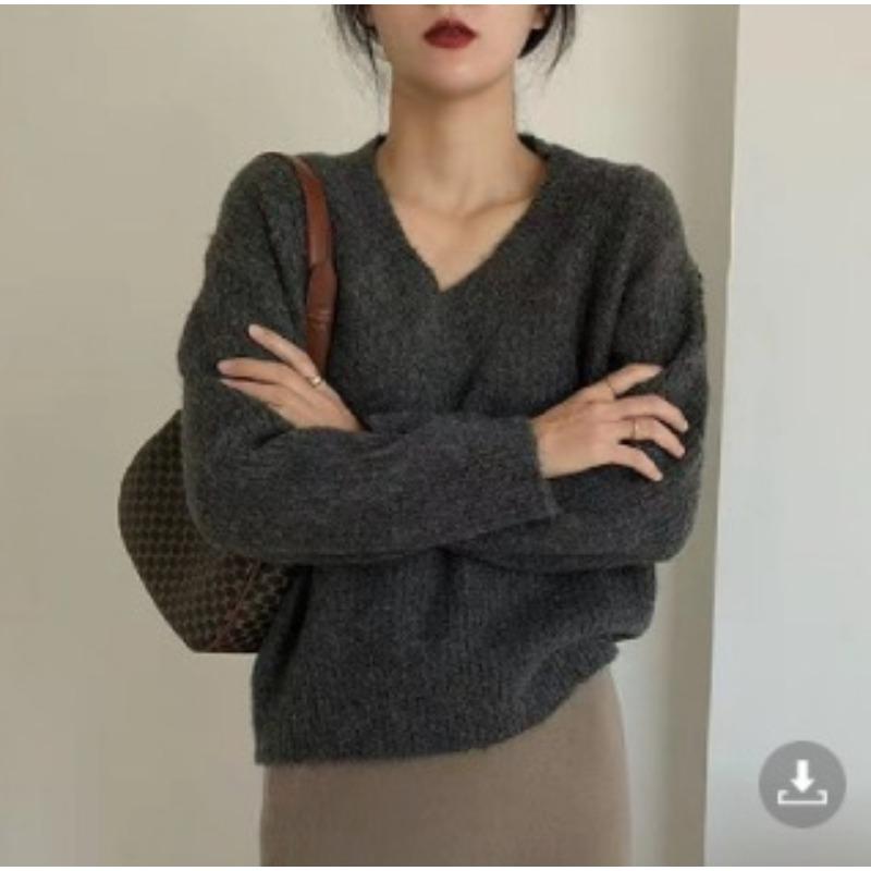 Women's V-neck Pullover Sweater Women's Loose Fitting Autumn and Winter Korean Style New Retro Knit Sweater