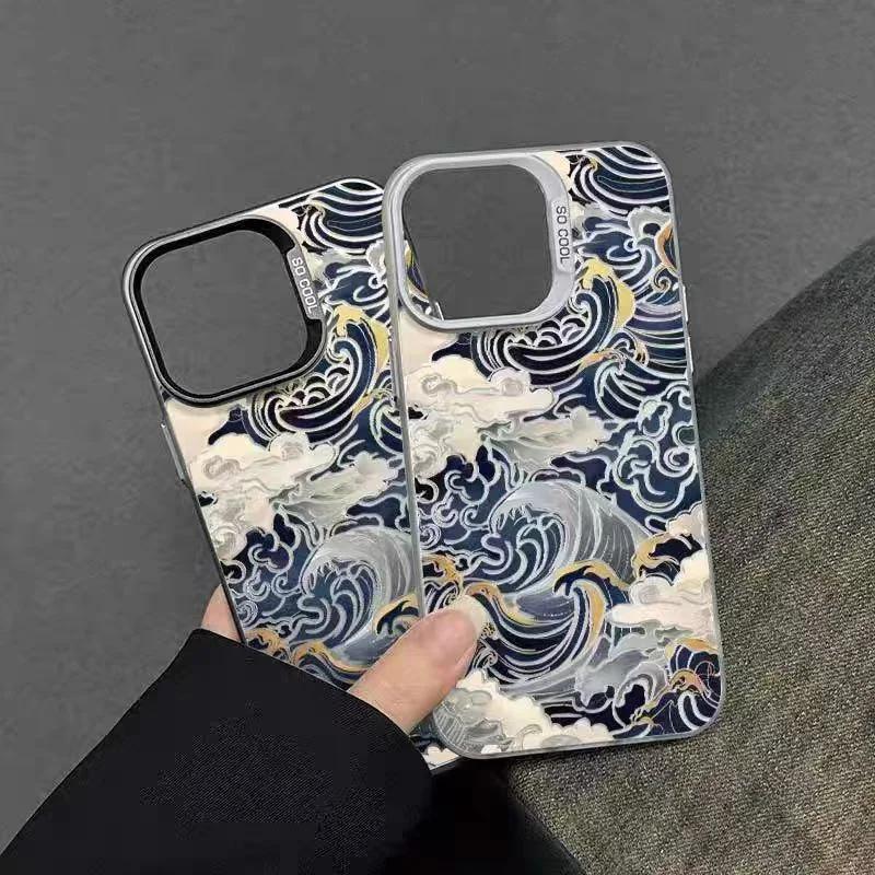 Japanese Waves Electroplate Silver IMD Case for  Redmi Note 14 13 12 11 Pro Plus 5G 12S 11S 10S Redmi 14C 13C 13 12 Cover