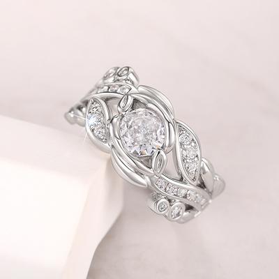 New Aesthetic Leaf Finger Ring Lady  Sterling  Round Zirconia Crystal Jewelry for Engagement Bridal Wedding Accessories