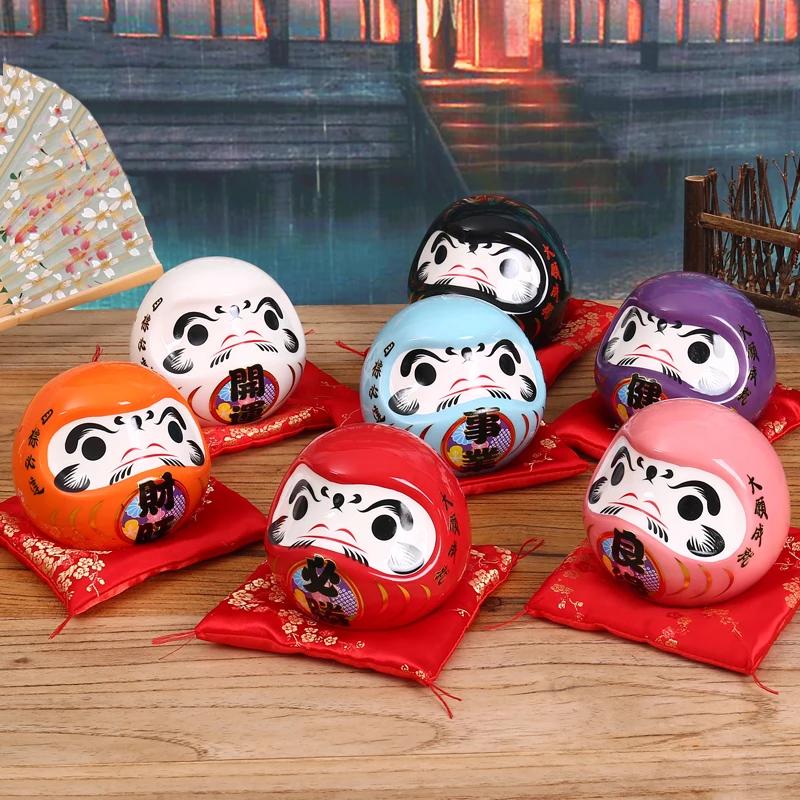 4.5 inch Japanese Ceramic Daruma Figurine, FengShui Figure Zen Ornament, Lucky Charm Money Box, Home Tabletop Decor