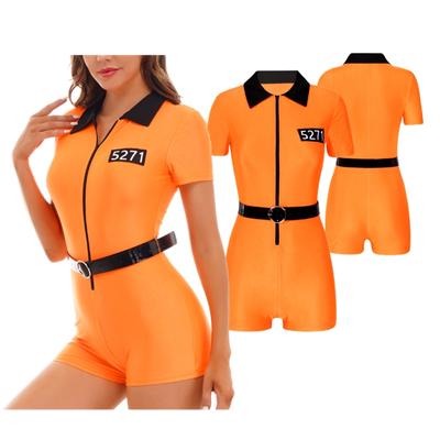 Prisoner Costume Women Short Sleeve Jumpsuit Criminal Cosplay Halloween Costumes