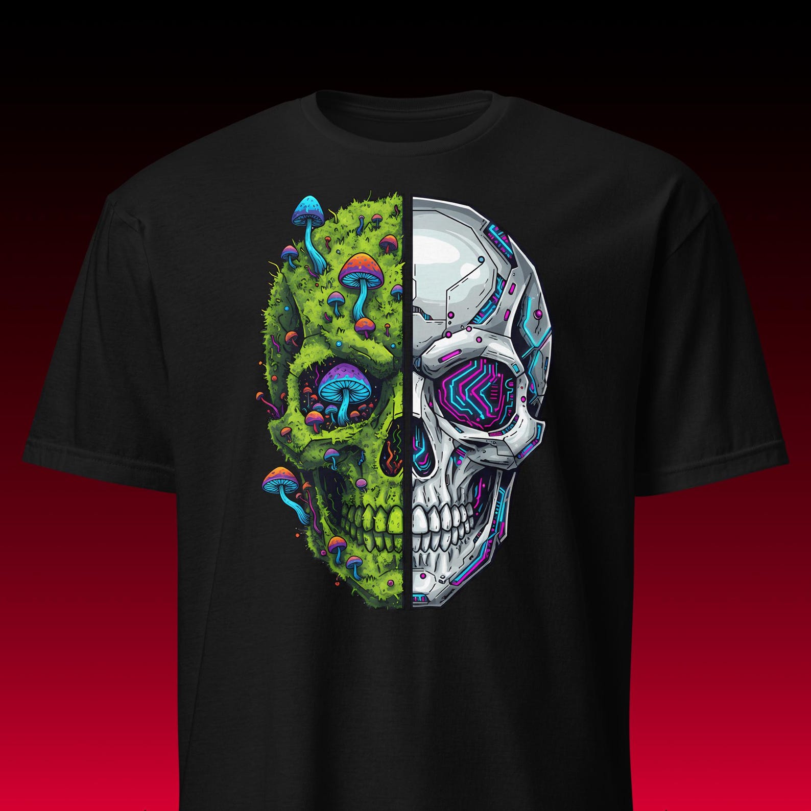 Cyberpunk Skull Graphic Tee | Mushroom Nature Tech | Sci-Fi Goblincore Aesthetic 4XL