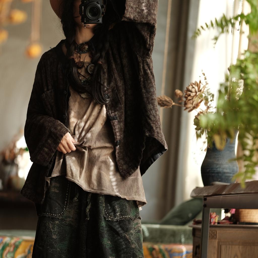 Johnature Women Vintage Winter Shirts Tops Thick O-Neck Long Sleeve Button Chinese Style Female Blouses