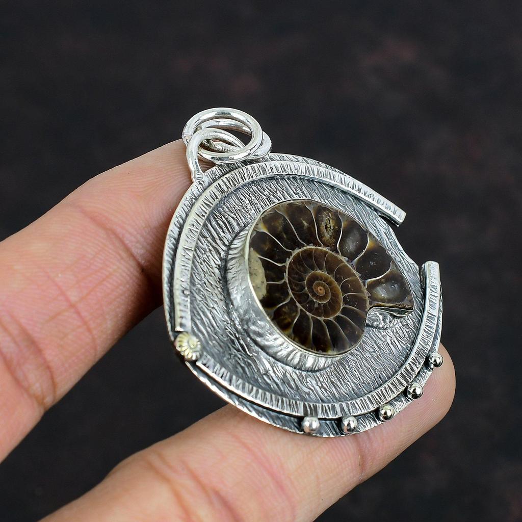 Pendente Gemma Fossile di Ammonite Argento Sterling 925 Pendente Decente Gioielli Fossili di Ammonite Fatti a Mano Pendente da Donna Regali di Anniversario