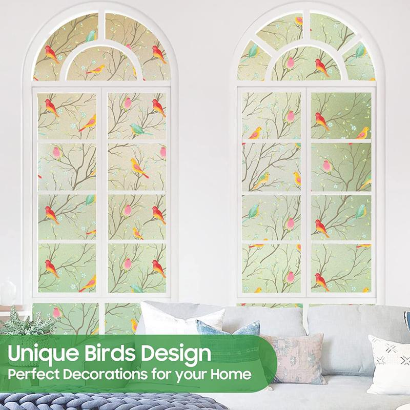 Bird Branch Colorful Frosted Non-adhesive Electrostatic  Glass  Sticker Privacy Window Film Bathroom