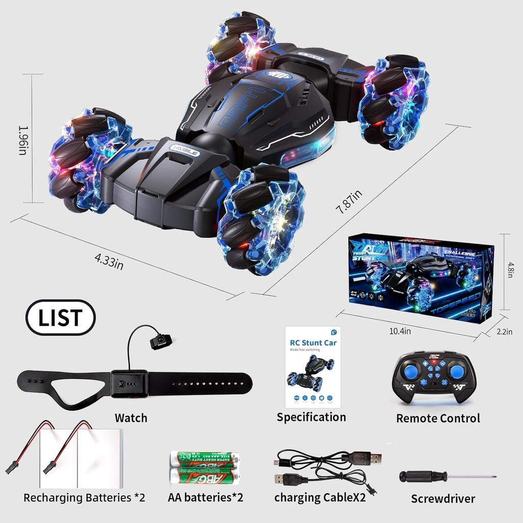 4WD Remote Control Car for Boys,2.4GHz Gesture Sensing Drift RC Cars,360°Flips Off-Road Hand Controlled RC Stunt Car with Lights Music,Toy Car