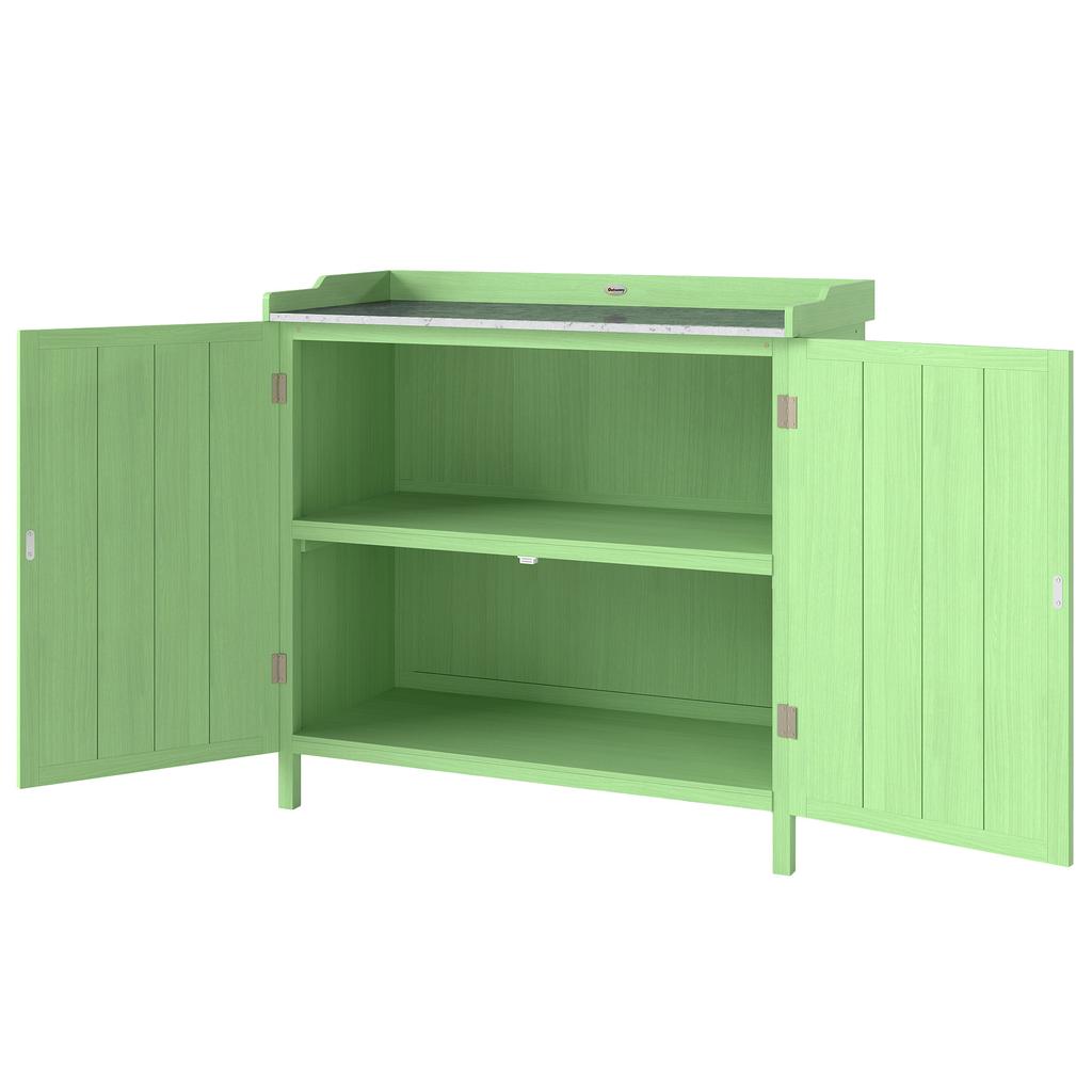 Wood Garden Storage Cabinet, Outdoor Tool Shed, Potting Bench Table with galvanised Top and Two Shelves for garden Tools or Pool Accessories, Green