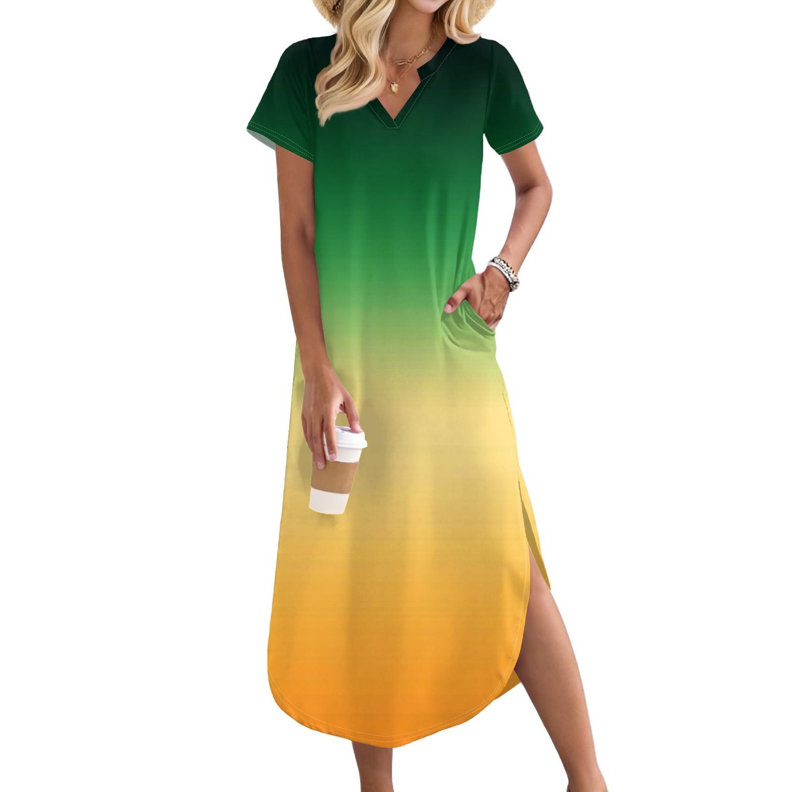 

Женское длинное платье-рубашка с V-образным вырезом, повседневное, с коротким рукавом и свободным разрезом S бежевый