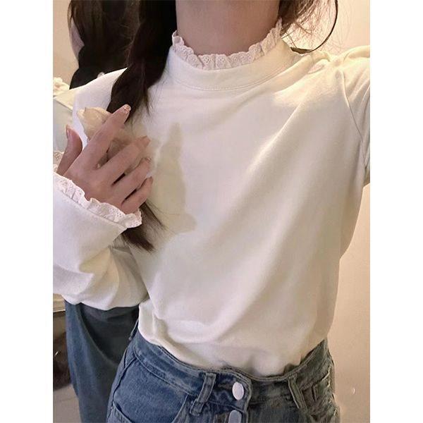 Women's Retro Lace Semi-High Neck Long Sleeve Top - Spring/Summer