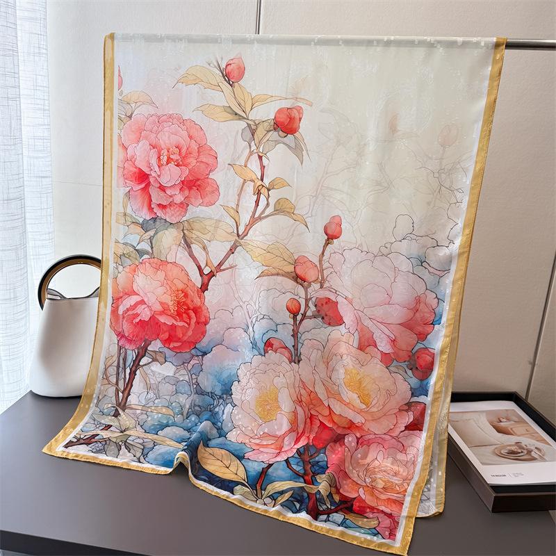 

Peony print cut flower spring and summer silk scarf large long scarf high sense travel shawl sun protection women s scarf headscarf 180*70cm