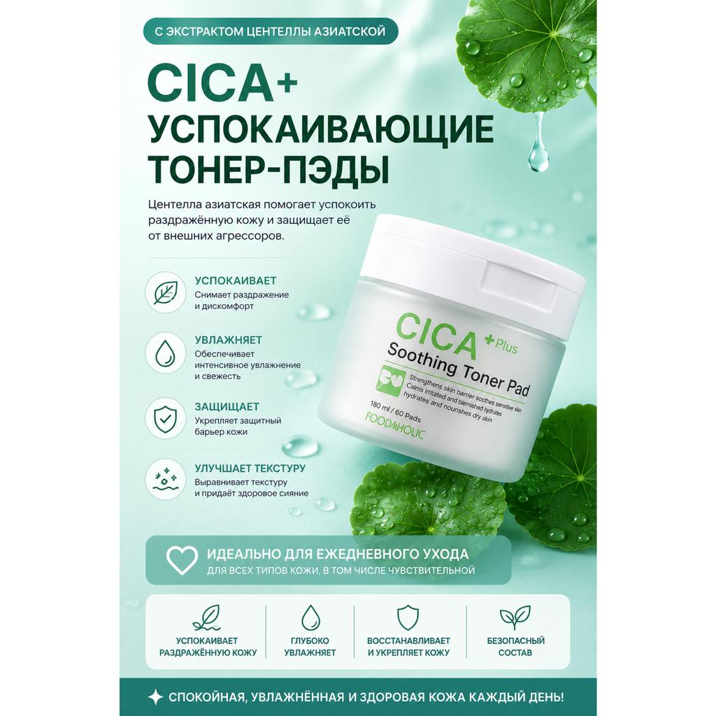 FoodaHolic Cica Plus Soothing Toner Pad 60 Pads / 180ml / 6.08 Fl.oz