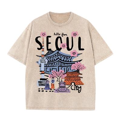 2026 Hallo aus Seoul Stadt Vintage Koreanisches Wahrzeichen Kirschblüten Grafik Beige Gewaschenes T-Shirt Reise Liebhaber Lässig Übergröße Uni
