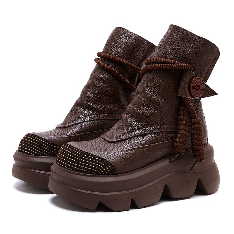 Handmade Mid-calf Boots Platform Women Genuine Leather Short Boots Round Toe Height Increasing Thick Sole Ladies Shoes